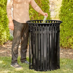 Lamcaster Table & Seating 36 Gallon-Duty Round Black Steel Slatted Outdoor Trash Can With Flat Lid
