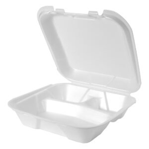 Genpak SN203-WHT 9 1/4" x 3" White Large 3-Compartment Foam Snap-It Hinged Lid Container - 200/Case