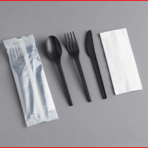 EcoChoice Wrapped Heavy Weight 6 1/2" Black CPLA Knife, Fork, Spoon, and Napkin - 250/Case