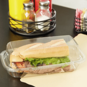 Placon 9" x 5" x 3" Tamper-Evident, Tamper-Resistant Recycled PET Hoagie Clear Takeout Container and Lid - 50/Pack